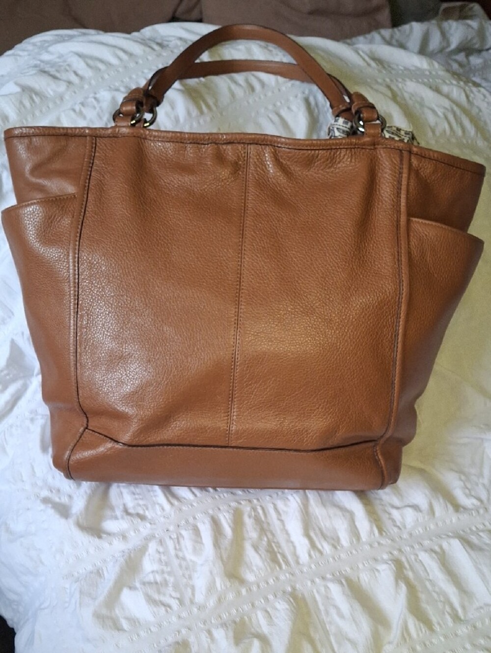 Coach Pebbled Leather Tote in Cognac Brown with Scarf Accent - Picture 2 of 5
